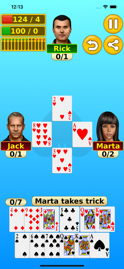 Spades - Play online & offline - Interfaz de juego del juego de cartas Spades que muestra cartas en la mesa y avatares de jugadores.