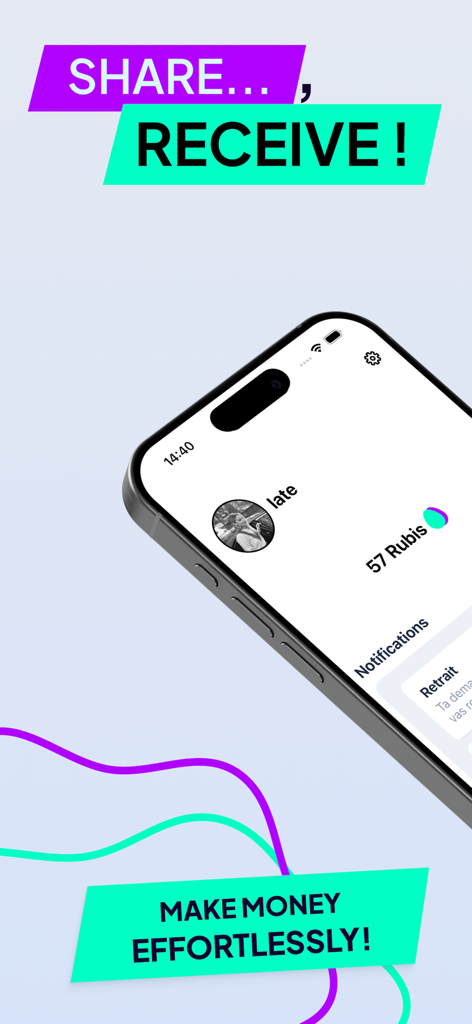Rubi pays you - Interfaz de la app Rubi en un smartphone con el texto 'Share Receive and Make Money Effortlessly' (Comparte, Recibe y Gana Dinero sin Esfuerzo)