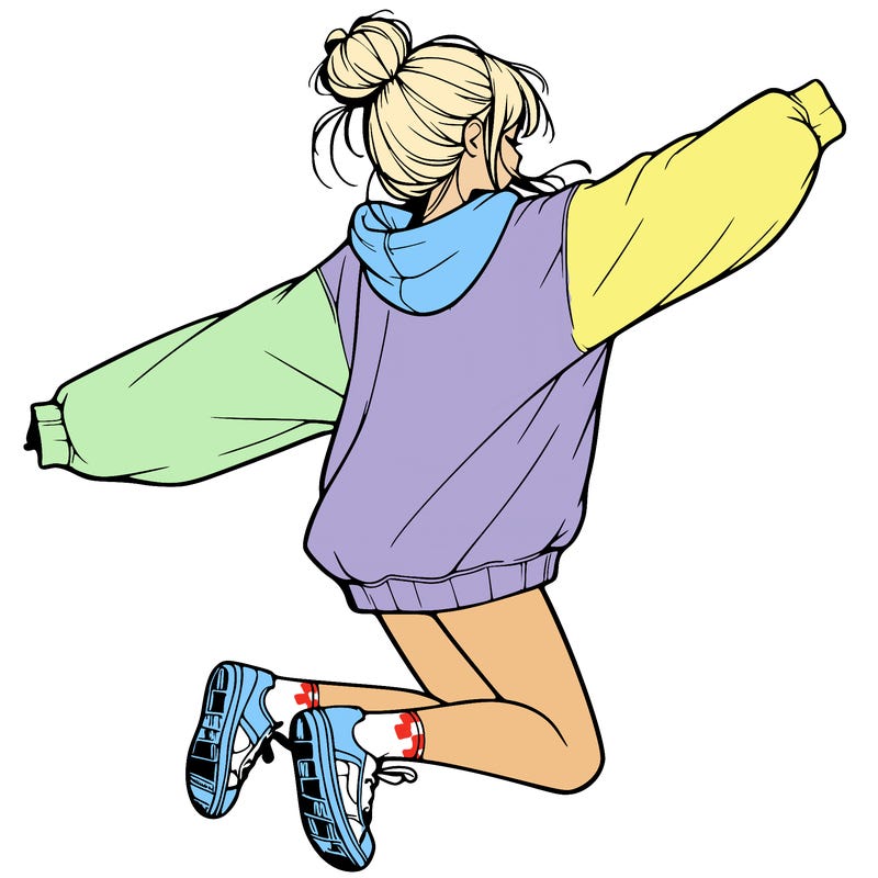 realistic girl jumping with a bun and oversized sweatshirt
