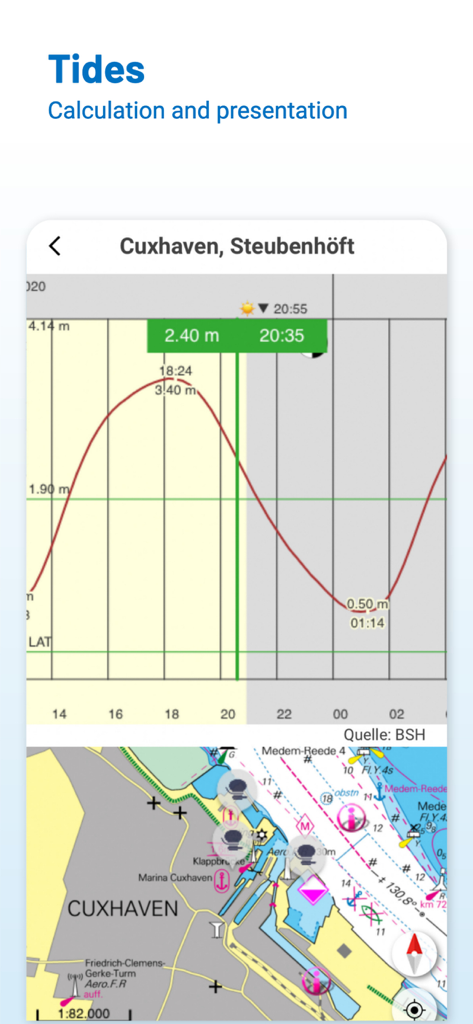 Gráfico de pronóstico de mareas y carta náutica para una navegación marítima segura en la aplicación NV Charts