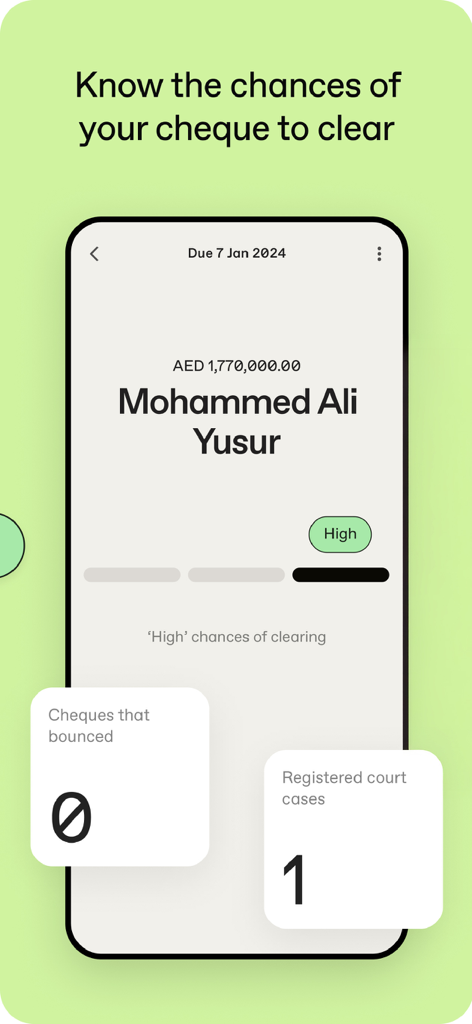 Etihad Credit Bureau app screen displaying cheque clearance probability indicator.