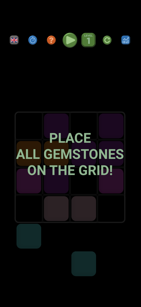 Gameplay screen of ARDUUM showing Level 1 puzzle with instructions to place gemstones on the grid.