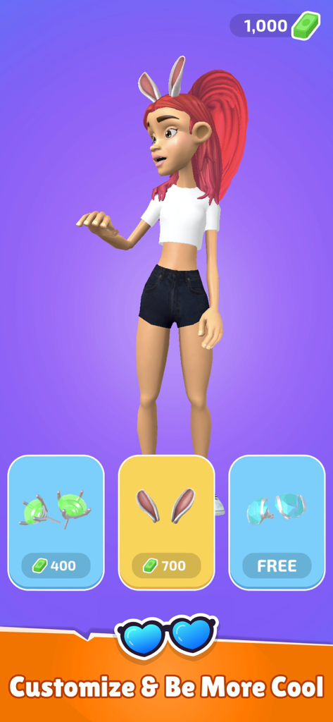 Kiss in Public: Dating Choices - 『Kiss in Public』モバイルゲームのキャラクターカスタマイズ画面で、うさぎの耳やイヤリングなどのアクセサリーオプションが表示されています