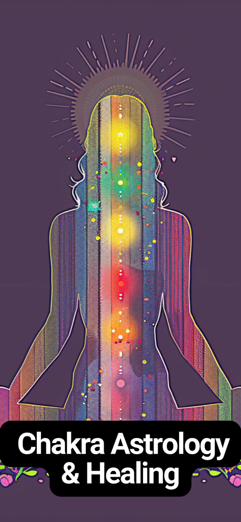 AstroVeda: Your Astrology Guru - Stylized silhouette of a person in a meditative pose with seven glowing chakras and a halo