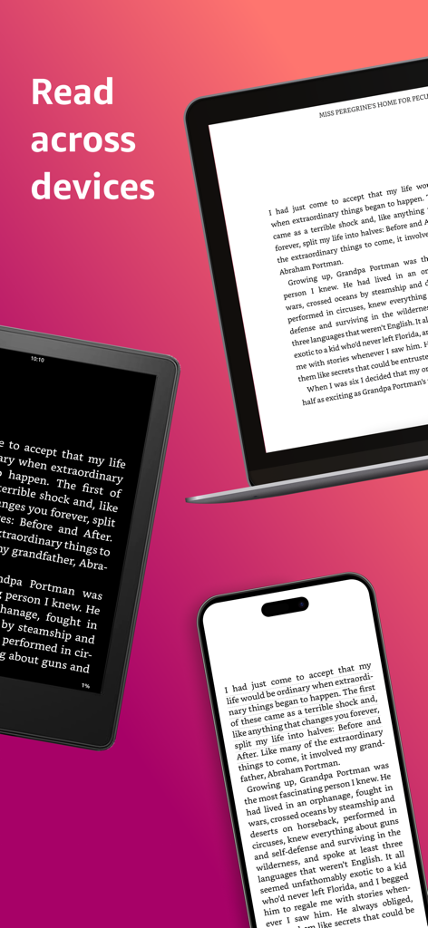 Amazon Kindle app showing a book synced across a laptop, tablet, and smartphone