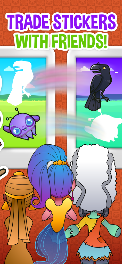 My Monster Album: Sticker Book - My Monster Albumゲームでモンスターシールを交換しているカートゥーンキャラクター。