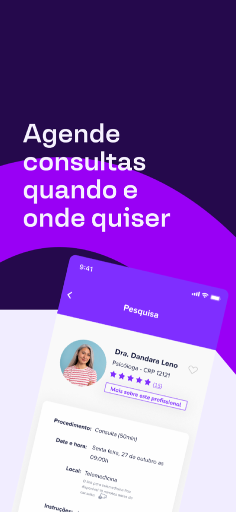 Amplimed: Agendar consulta - Interface do aplicativo Amplimed mostrando o perfil de um psicólogo e detalhes de agendamento de telemedicina em português