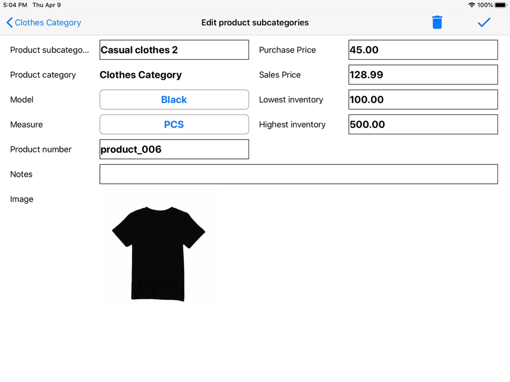 Retail Inventory+Order Manager - Interface of the Retail Inventory app on iPad showing details for editing a clothing product with pricing and stock levels
