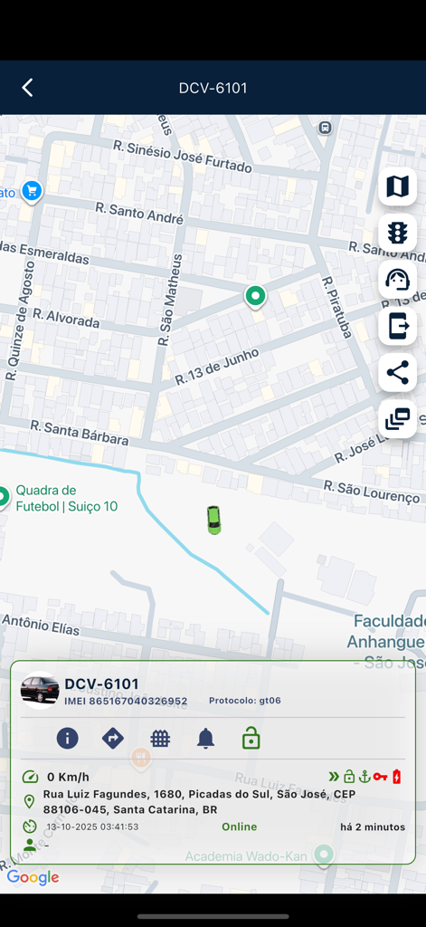 NEW TRACKER APP - Real-time vehicle location and status panel on a map within the New Tracker App