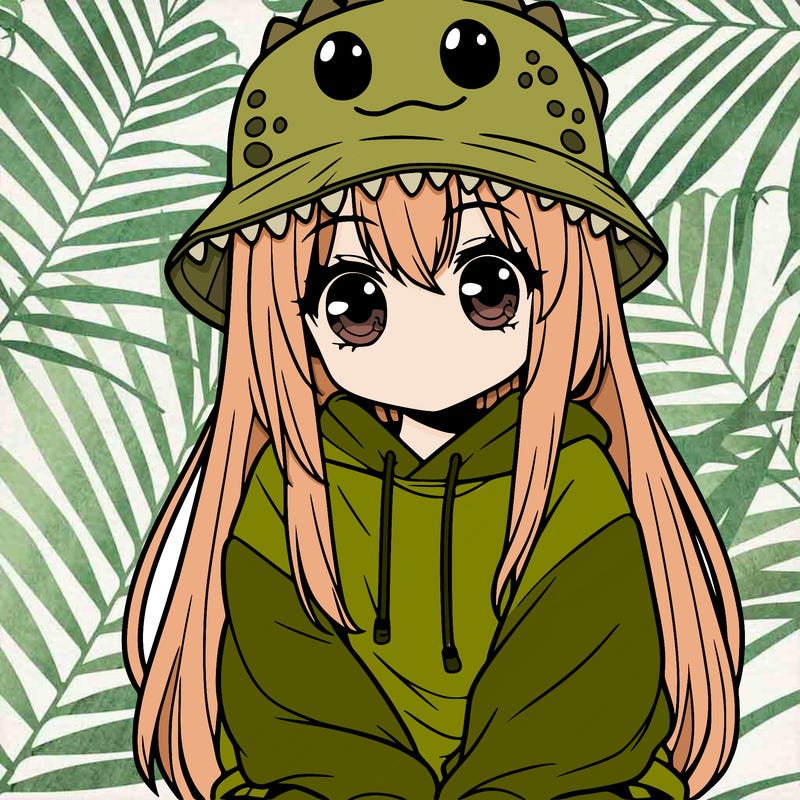 girl with anime shaped eyes with a dinosaur bucket hat oversized sweatshirt long straight hair