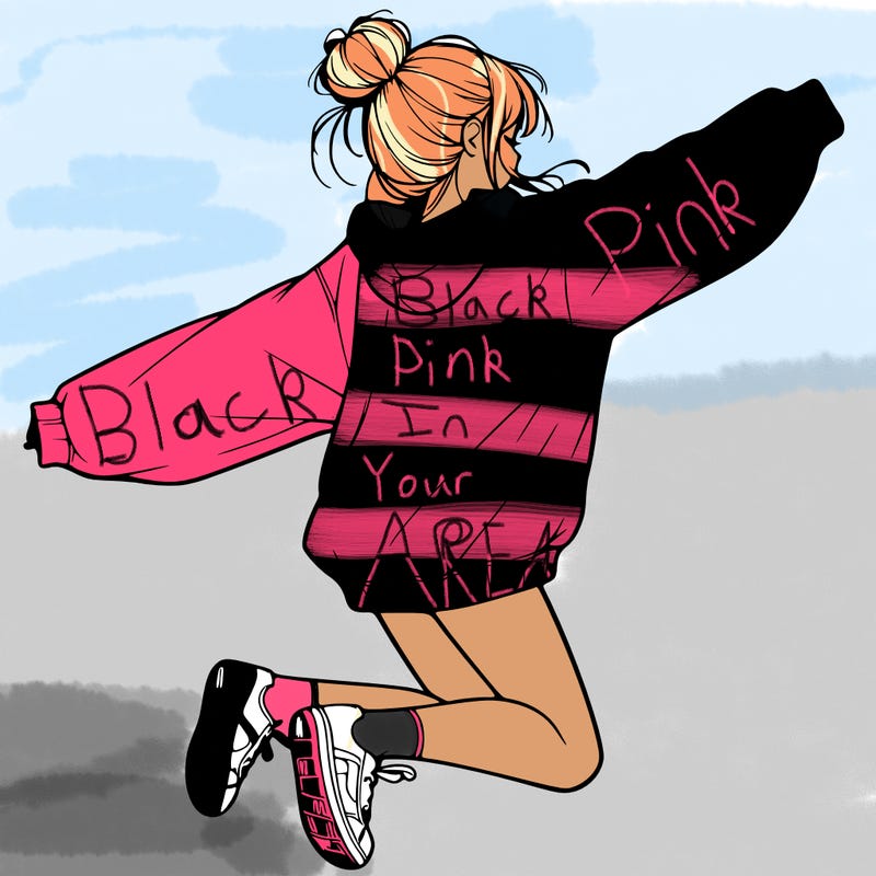 realistic girl jumping with a bun and oversized sweatshirt