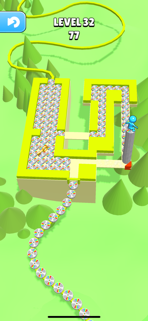 A blue character stacking shiny silver discs while navigating a maze in Stacky Dash