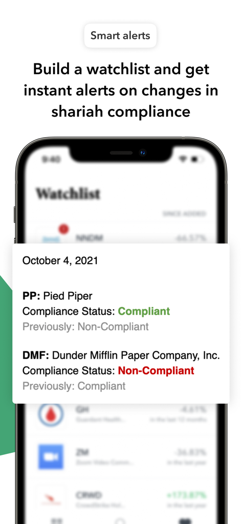 Zoya: Halal Investing App - Alertas inteligentes de la aplicación Zoya para actualizaciones de cumplimiento Sharia