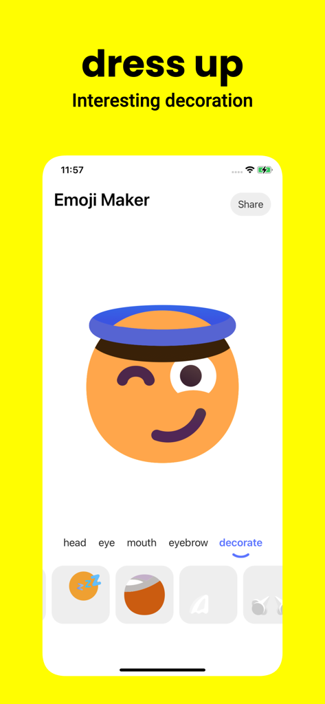 Emoji Maker-Create stickers - Schermata mobile che mostra l'interfaccia dell'app Emoji Maker per personalizzare un adesivo con un'aureola.