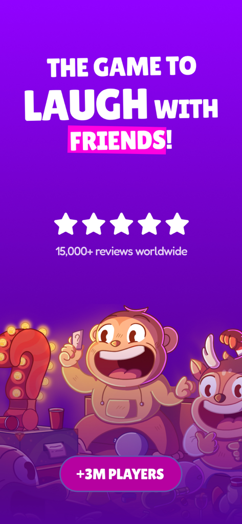 Insight - Play With Friends - Insightアプリのプロモーション画面。カートゥーンキャラクターと「友達と笑うゲーム、300万人以上のプレイヤー」と書かれたテキストが表示されます。