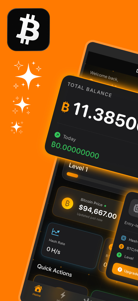 Panel de control de la aplicación simuladora de minería de Bitcoin mostrando el saldo y la tasa de hash