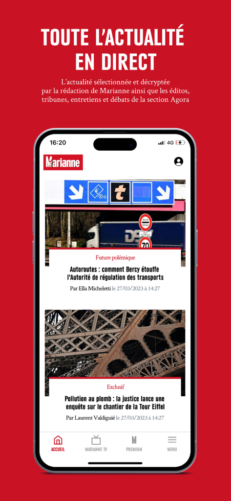 Marianne - Actualités & Débats - Écran d'accueil de l'application d'actualités Marianne sur un smartphone, affichant des articles et des analyses d'actualité française.