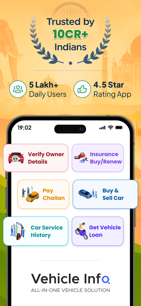 Vehicleinfo app home screen displaying features like verify owner details insurance buy renew pay challan and car service history