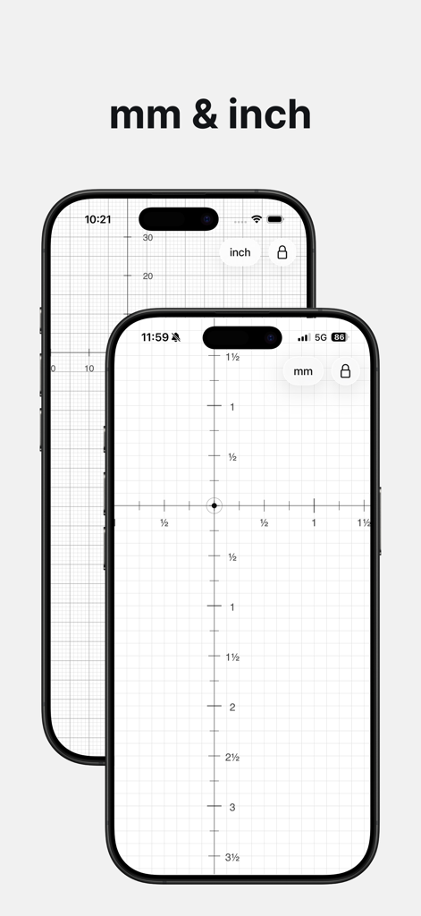 Pocket Ruler - Everyday Tool - Pantallas de iPhone mostrando la aplicación Regla de Bolsillo con cuadrículas de medición en milímetros y pulgadas