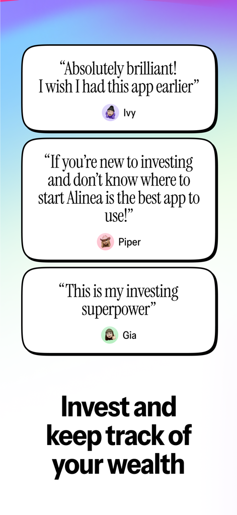 Three user testimonials for the Alinea investing app from Ivy, Piper, and Gia praising its accessibility for beginners.