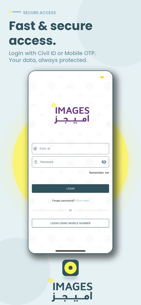 My ImagesDC - Interfaz de inicio de sesión segura para la aplicación My ImagesDC con opciones para iniciar sesión con la cédula de identidad civil o OTP del número de móvil
