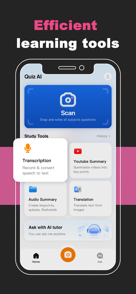 Quiz AI: Homework Helper - Interface of the Quiz AI app displaying homework study tools and a scan feature.