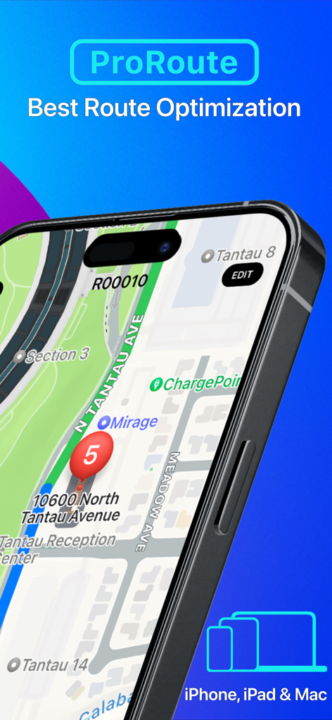 ProRoute app interface on iPhone showing route optimization and GPS map navigation