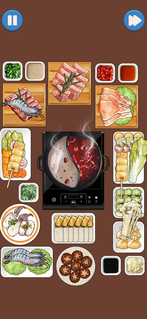 Satisoul: Perfectly Organize - 沸騰した鍋の周りに肉、野菜、串などの新鮮な材料が配置された、きれいに整理されたホットポット料理レベルのトップダウンビュー。