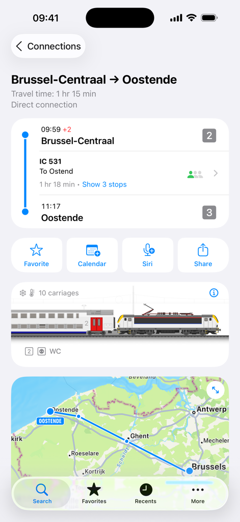 Railer – Train timetable - Interface de l'application Railer affichant une liaison ferroviaire entre Bruxelles et Ostende avec les horaires et un plan du trajet.