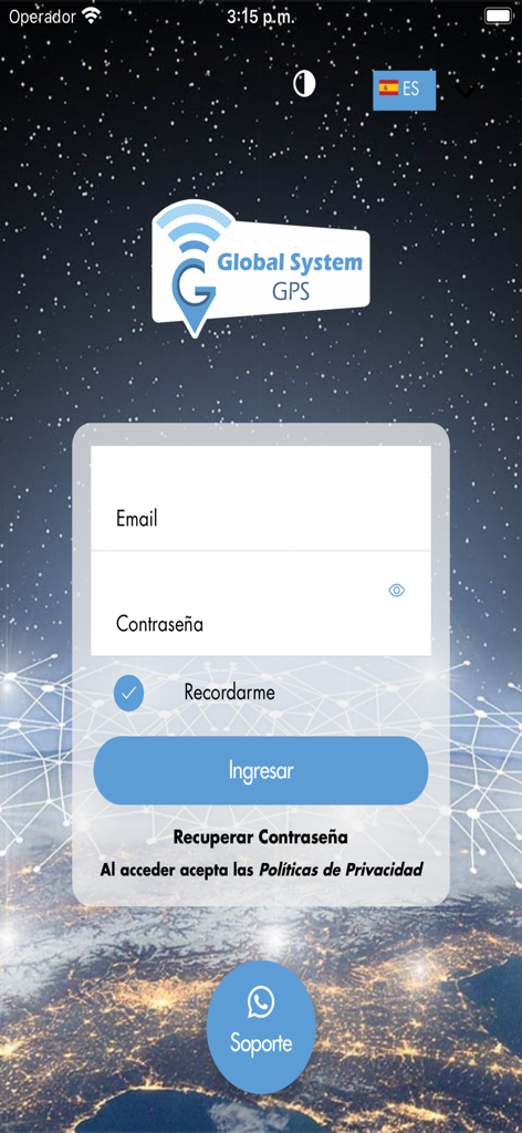 Global System Gps v3 - Login screen for the Global System GPS tracking app with email and password fields in Spanish