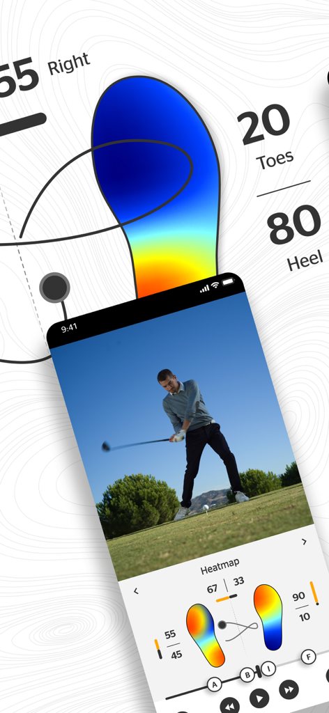 Interfaz de la aplicación móvil BAL.ON que muestra a un golfista haciendo un swing con un mapa de calor de presión en los pies en vivo y un trazado del centro de presión