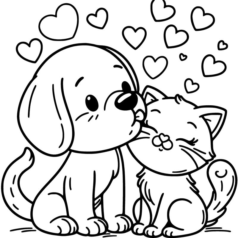 dog kissing cat with hearts