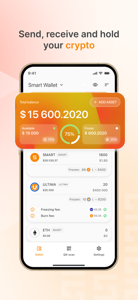Smart Wallet App - Smart Wallet App interface showing total cryptocurrency balance and asset management on iPhone