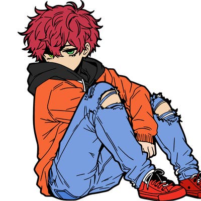 a male hoddie ripped jeans messy hair anime