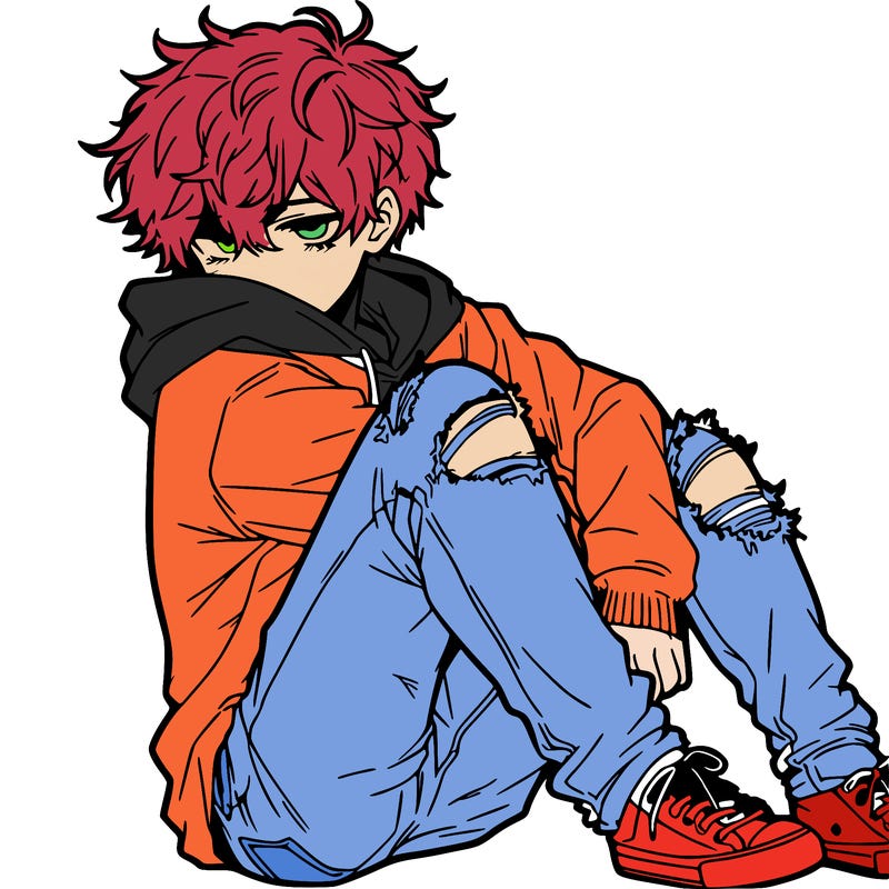 a male hoddie ripped jeans messy hair anime