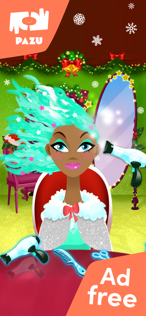 Character with teal hair in a Christmas-themed salon using hair styling tools in an ad-free kids game