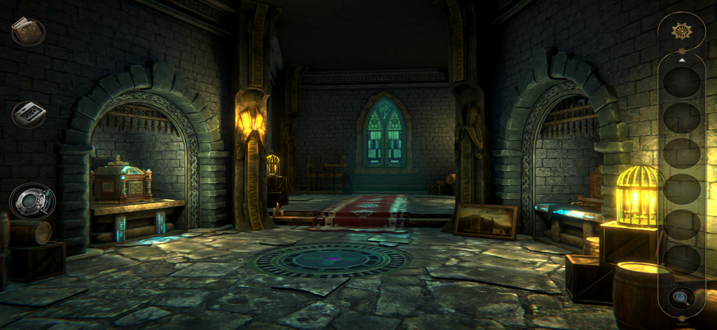 3D Escape Room : Mystic Manor - Una cámara de piedra 3D con una vidriera verde y artefactos brillantes en el juego de escape Mystic Manor.