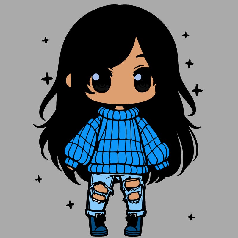 chibi girl with ripped jeans,long hair, and an oversized sweater
