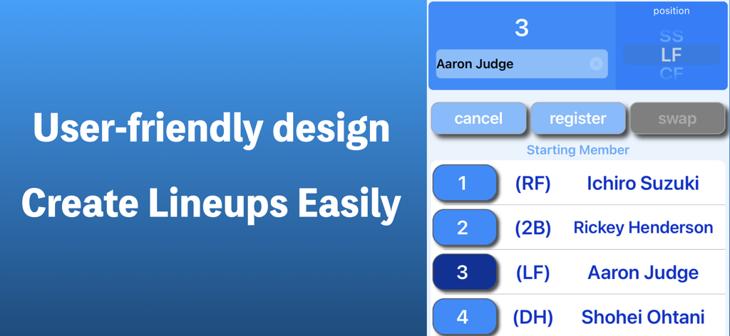 User friendly design for creating baseball and softball lineups easily