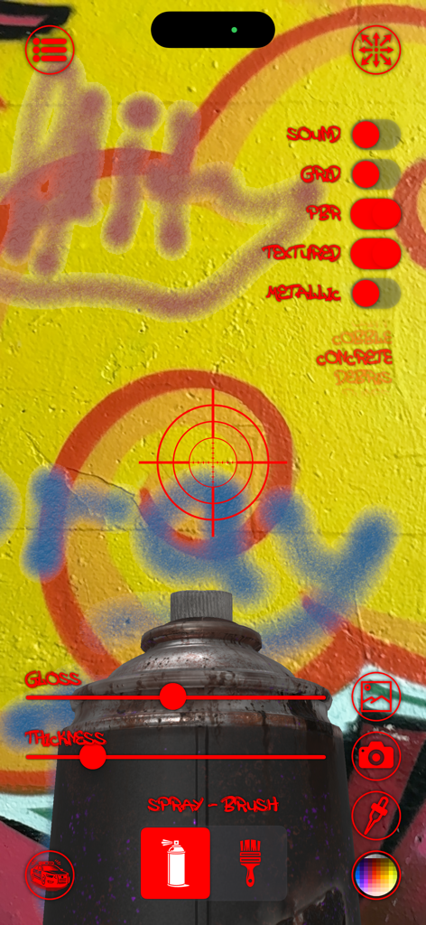 Graffiti Spray AR - Augmented reality graffiti app interface showing spray can controls and custom art on a wall.