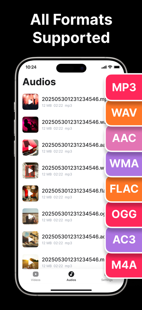 Video To Mp3 Converter - Media - Mobile screen showing supported audio formats including MP3 WAV and AAC.