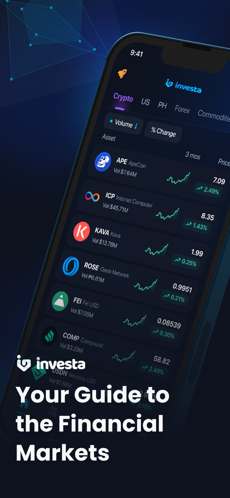 Interfaz de la aplicación móvil Investa que muestra tendencias de precios de criptomonedas y listas de activos en tiempo real