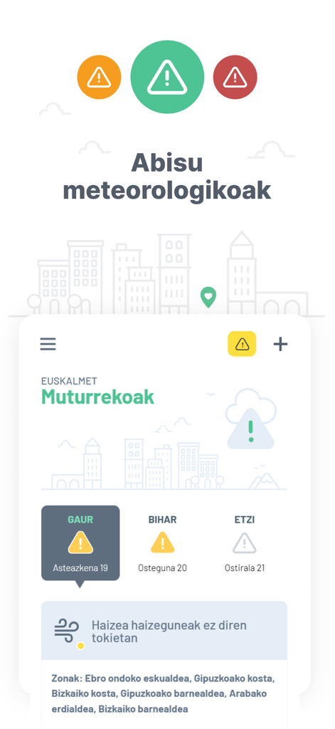 Interfaz de alertas meteorológicas oficiales en la aplicación móvil Euskalmet para el País Vasco.