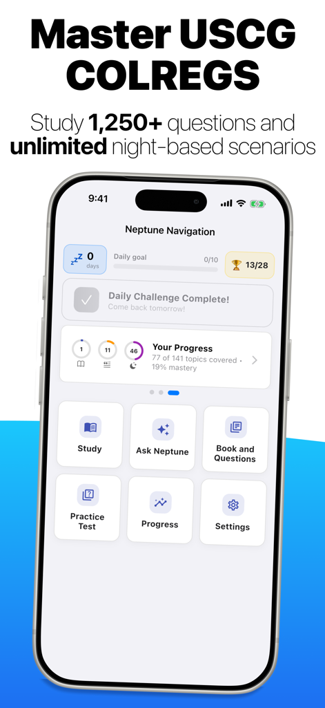 Neptune: Navigation Rules - Neptune Navigation app home screen showing study progress and USCG COLREGS exam prep options