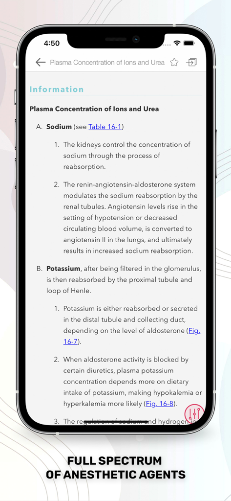 Stoelting Anesthetic Practice - Stoelting Anesthetic Practice app interface displaying medical information on plasma concentration of ions and urea.