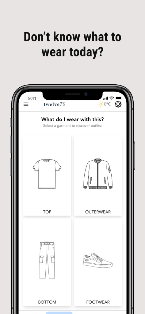 Twelve70: Outfit Generator - Twelve70 menswear outfit calculator selection screen with categories for top outerwear bottom and footwear