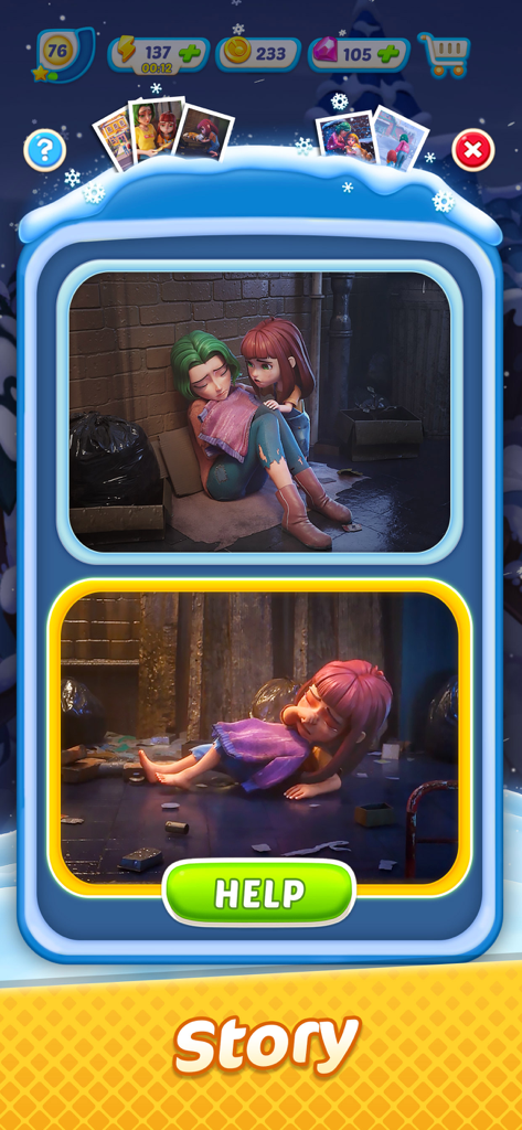 Gossip Harbor story screen with dramatic characters and a help button