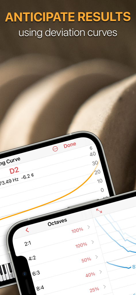 Nahaufnahme der pianoscope App, die grafische Abweichungskurven und Stimmkurven-Daten für die professionelle Klavierstimmung zeigt