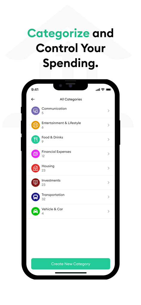 Interfaz de la aplicación StashUp que muestra una lista de categorías de gasto para el seguimiento del presupuesto.