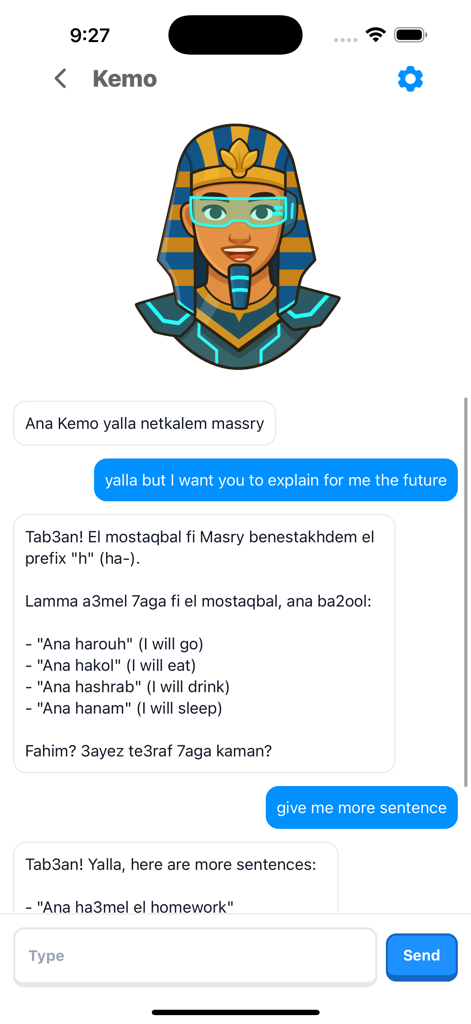 KMA – Learn Egyptian Arabic - Interface of the KMA app showing a chat with Kemo the AI tutor explaining Egyptian Arabic grammar.